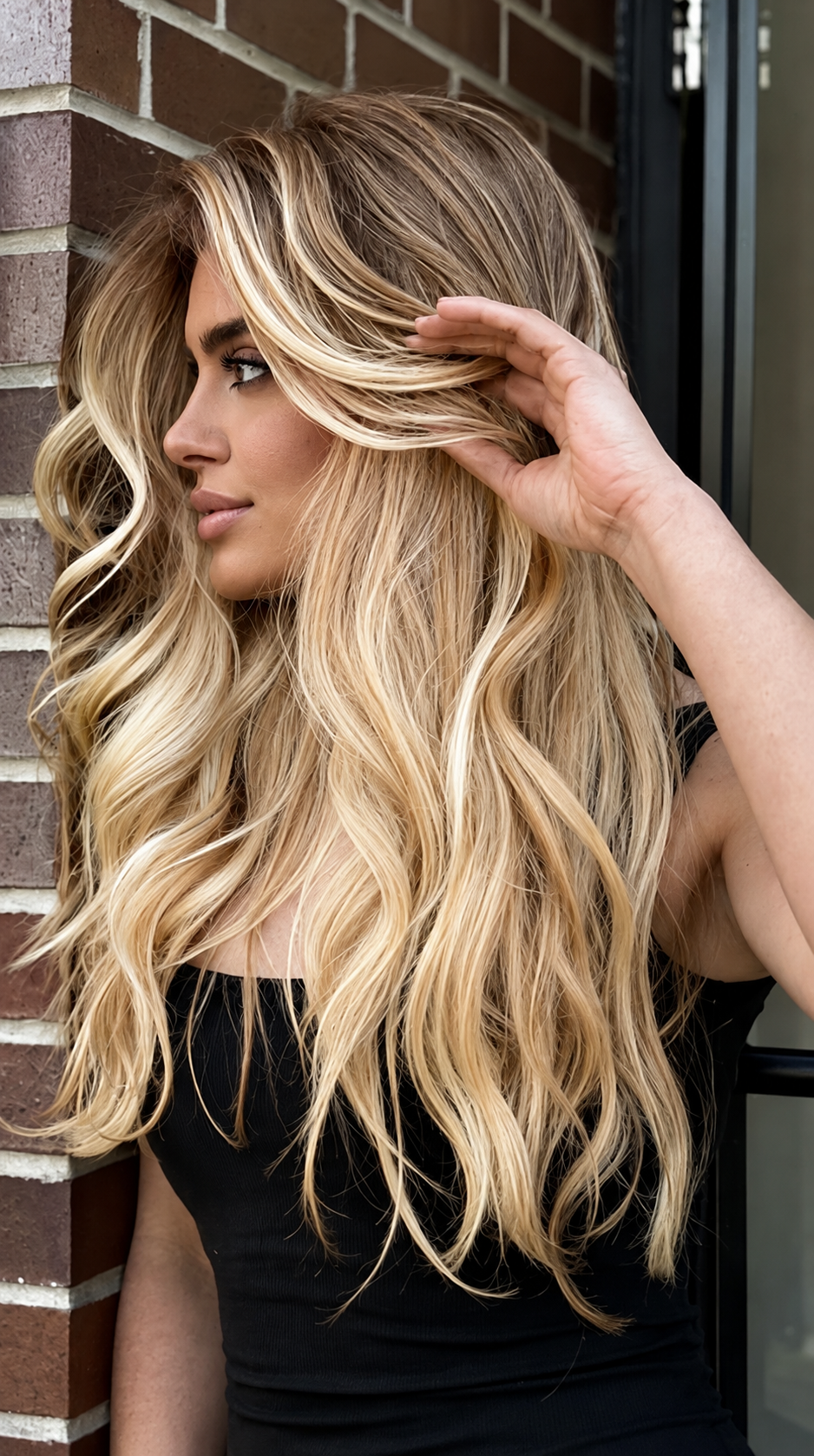 Long dimensional blonde hair styled in waves beside a Chicago brick wall